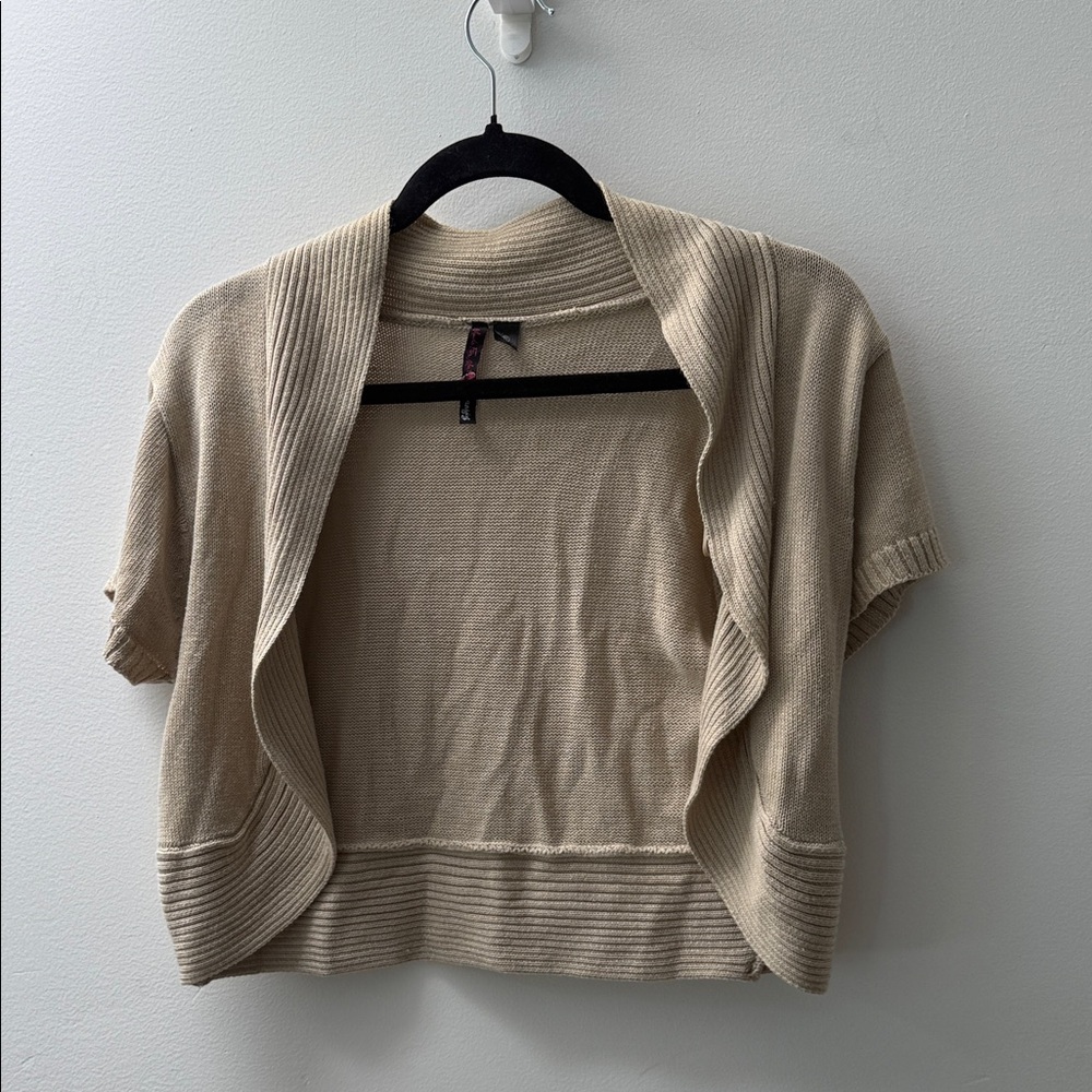 Beige Short Sleeve Open Front Cardigan Sweater XL